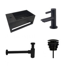 Fonteinset Sima Solid Surface Links 35.6x20.3x15.9cm Toiletkraan Hendel Clickwaste Sifon Mat Zwart