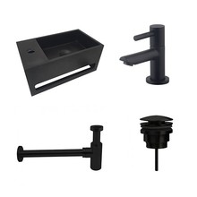 Fonteinset Sima Solid Surface Links 35.6x20.3x15.9cm Toiletkraan Hendel Clickwaste Sifon Mat Zwart