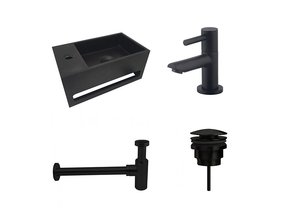 Fonteinset Sima Solid Surface Links 35.6x20.3x15.9cm Toiletkraan Hendel Clickwaste Sifon Mat Zwart