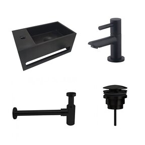 Fonteinset Sima Solid Surface Links 35.6x20.3x15.9cm Toiletkraan Hendel Clickwaste Sifon Mat Zwart