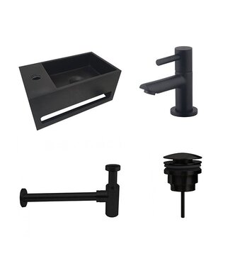 Fonteinset Sima Solid Surface Links 35.6x20.3x15.9cm Toiletkraan Hendel Clickwaste Sifon Mat Zwart