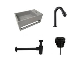 Fonteinset Sima Solid Surface Rechts 35.6x20.3x15.9cm Toiletkraan Knop Clickwaste Sifon Mat Zwart/Betonlook
