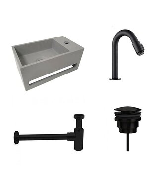 Fonteinset Sima Solid Surface Rechts 35.6x20.3x15.9cm Toiletkraan Knop Clickwaste Sifon Mat Zwart/Betonlook