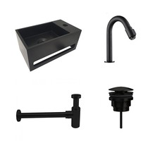 Fonteinset Sima Mat Zwart Solid Surface Rechts kraangat 35.6x20.3x15.9cm Toiletkraan Knop Clickwaste Sifon