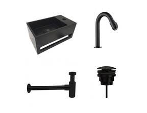 Fonteinset Sima Mat Zwart Solid Surface Rechts kraangat 35.6x20.3x15.9cm Toiletkraan Knop Clickwaste Sifon