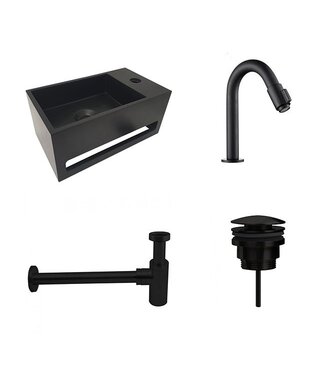 Fonteinset Sima Mat Zwart Solid Surface Rechts kraangat 35.6x20.3x15.9cm Toiletkraan Knop Clickwaste Sifon