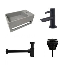 Fonteinset Sima Mat Zwart/Betonlook Solid Surface Rechts 35.6x20.3x15.9cm Toiletkraan Hendel Clickwaste Sifon