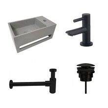 Fonteinset Sima Mat Zwart/Betonlook Solid Surface Rechts 35.6x20.3x15.9cm Toiletkraan Hendel Clickwaste Sifon