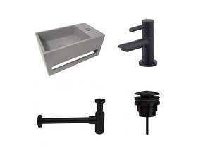 Fonteinset Sima Mat Zwart/Betonlook Solid Surface Rechts 35.6x20.3x15.9cm Toiletkraan Hendel Clickwaste Sifon