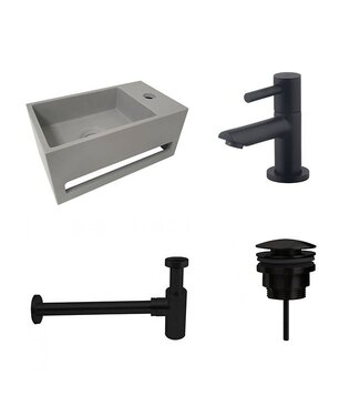Fonteinset Sima Mat Zwart/Betonlook Solid Surface Rechts 35.6x20.3x15.9cm Toiletkraan Hendel Clickwaste Sifon
