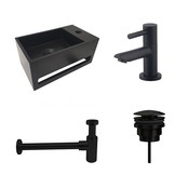 Fonteinset Sima Mat Zwart Solid Surface Rechts 35.6x20.3x15.9cm Toiletkraan Hendel Clickwaste Sifon Mat Zwart