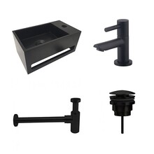 Fonteinset Sima Mat Zwart Solid Surface Rechts 35.6x20.3x15.9cm Toiletkraan Hendel Clickwaste Sifon Mat Zwart