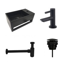 Fonteinset Sima Mat Zwart Solid Surface Rechts 35.6x20.3x15.9cm Toiletkraan Hendel Clickwaste Sifon Mat Zwart