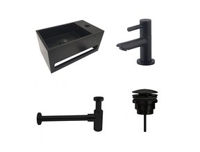 Fonteinset Sima Mat Zwart Solid Surface Rechts 35.6x20.3x15.9cm Toiletkraan Hendel Clickwaste Sifon Mat Zwart
