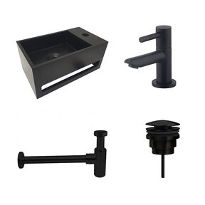 Fonteinset Sima Mat Zwart Solid Surface Rechts 35.6x20.3x15.9cm Toiletkraan Hendel Clickwaste Sifon Mat Zwart