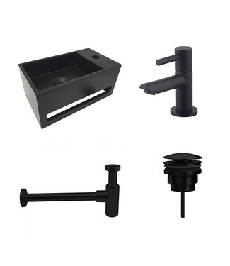 Fonteinset Sima Mat Zwart Solid Surface Rechts 35.6x20.3x15.9cm Toiletkraan Hendel Clickwaste Sifon Mat Zwart