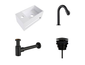 Fonteinset Yano Mat Zwart Solid Surface Links 36x20x16cm Toiletkraan Knop Clickwaste Sifon