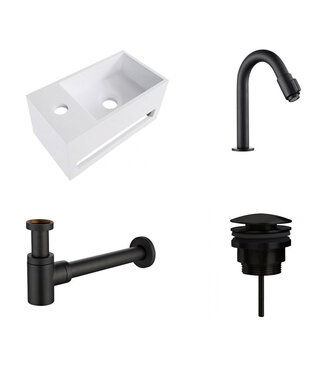 Fonteinset Yano Mat Zwart Solid Surface Links 36x20x16cm Toiletkraan Knop Clickwaste Sifon