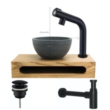 PARRO Mini Toilet Fonteinset met Handdoekhouder natuursteen waskom Zwart Balkon Kraan met draaiknop Pushup en Sifon 40x22x8cm