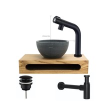PARRO Mini Toilet Fonteinset met Handdoekhouder natuursteen waskom Zwart Balkon Kraan met draaiknop Pushup en Sifon 40x22x8cm