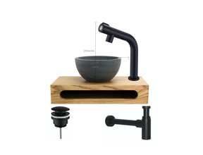 PARRO Mini Toilet Fonteinset met Handdoekhouder natuursteen waskom Zwart Balkon Kraan met draaiknop Pushup en Sifon 40x22x8cm