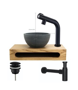 SANI-SUPPLY PARRO Mini Toilet Fonteinset met Handdoekhouder natuursteen waskom Zwart Balkon Kraan met draaiknop Pushup en Sifon 40x22x8cm