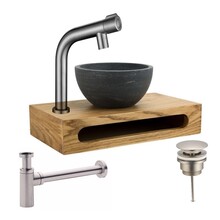 Mini Toilet Fonteinset Parro RVS Geborsteld Handdoekhouder natuursteen waskom Balkon Kraan met draaiknop Pushup en Sifon 40x22x8cm