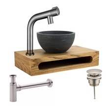 Mini Toilet Fonteinset Parro RVS Geborsteld Handdoekhouder natuursteen waskom Balkon Kraan met draaiknop Pushup en Sifon 40x22x8cm