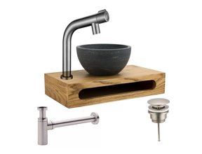 Mini Toilet Fonteinset Parro RVS Geborsteld Handdoekhouder natuursteen waskom Balkon Kraan met draaiknop Pushup en Sifon 40x22x8cm