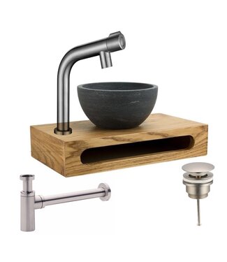 SANI-SUPPLY Mini Toilet Fonteinset Parro RVS Geborsteld Handdoekhouder natuursteen waskom Balkon Kraan met draaiknop Pushup en Sifon 40x22x8cm