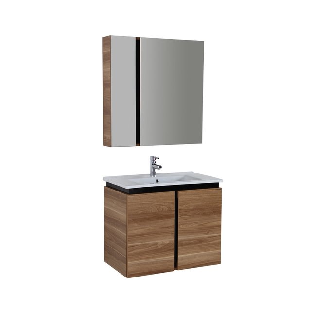 Badkamermeubel Verti 80x50x45cm Licht Walnoot Creavit Badmeubel onderkast met Keramisch wastafel 1 kraangat overloop