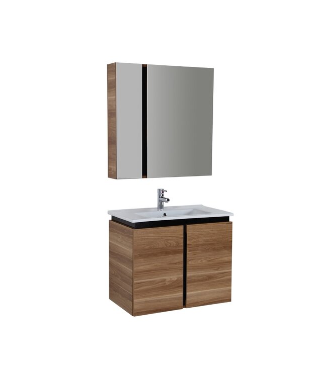 Badkamermeubel Verti 80x50x45cm Licht Walnoot Creavit Badmeubel onderkast met Keramisch wastafel 1 kraangat overloop
