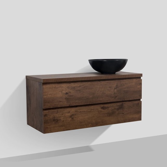 Badkamermeubel Callisto Diamond Hangend met Topblad 120x50x48cm Walnoot 2 Lades Softclose Greeploos Topblad Zonder Afvoergat en Kraangat