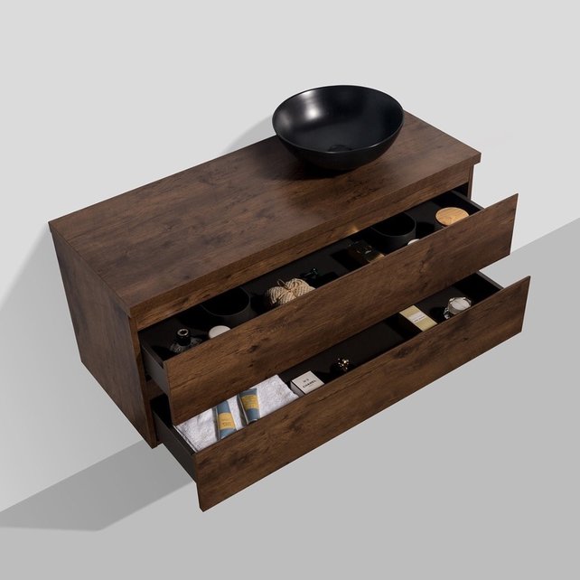 Badkamermeubel Callisto Diamond Hangend met Topblad 120x50x48cm Walnoot 2 Lades Softclose Greeploos Topblad Zonder Afvoergat en Kraangat