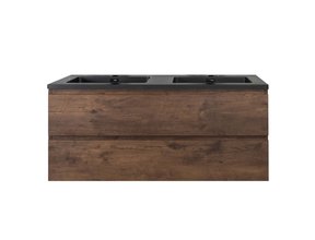 Badkamermeubel Callisto Diamond 120x50x48cm Walnoot Hangend 2 Lades Softclose Greeploos Kwartsteen Wastafel 2 Kraangaten Overloop
