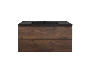 Badkamermeubel Callisto Diamond 100x50x48cm Walnoot Hangend 2 Lades Softclose Greeploos Kwartsteen Wastafel 1 Kraangaten Overloop