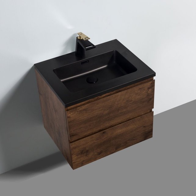 Badkamermeubel Callisto Diamond 60x50x48cm Walnoot Hangend 2 Lades Softclose Greeploos Kwartsteen Wastafel 1 Kraangaten Overloop