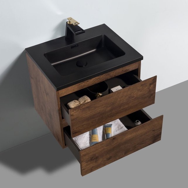 Badkamermeubel Callisto Diamond 60x50x48cm Walnoot Hangend 2 Lades Softclose Greeploos Kwartsteen Wastafel 1 Kraangaten Overloop