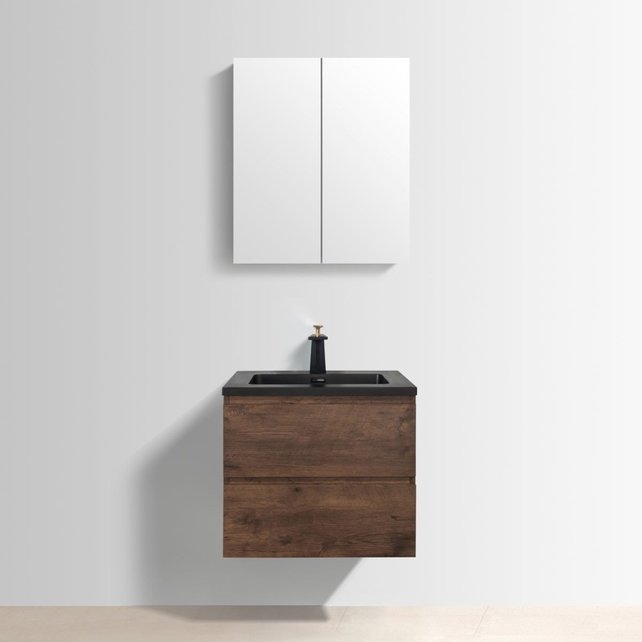 Badkamermeubel Callisto Diamond 60x50x48cm Walnoot Hangend 2 Lades Softclose Greeploos Kwartsteen Wastafel 1 Kraangaten Overloop