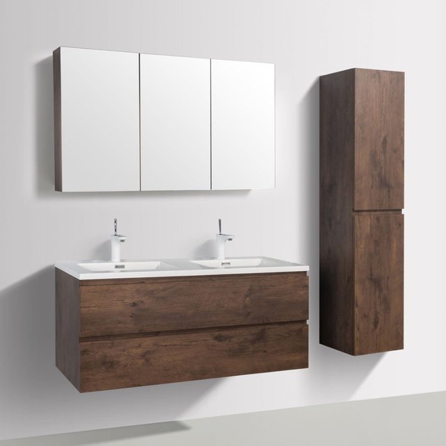 Badkamermeubel Callisto Diamond Walnoot 120x50x48cm Hangend 2 Lades Softclose Greeploos Mineraalmarmer Wastafel 2 Kraangaten Overloop