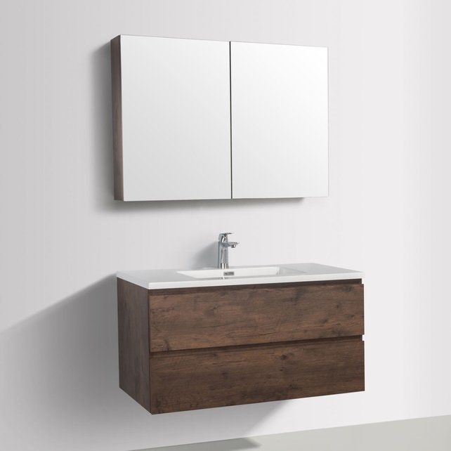 Badkamermeubel Callisto Diamond Walnoot 100x50x48cm Hangend 2 Lades Softclose Greeploos Mineraalmarmer Wastafel 1 Kraangaten Overloop