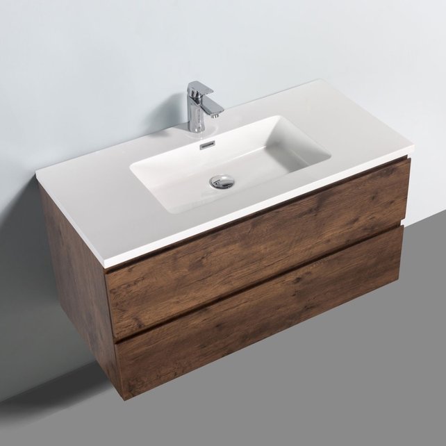 Badkamermeubel Callisto Diamond Walnoot 100x50x48cm Hangend 2 Lades Softclose Greeploos Mineraalmarmer Wastafel 1 Kraangaten Overloop