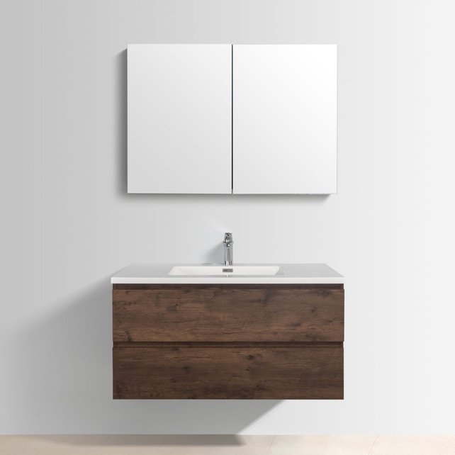 Badkamermeubel Callisto Diamond Walnoot 100x50x48cm Hangend 2 Lades Softclose Greeploos Mineraalmarmer Wastafel 1 Kraangaten Overloop