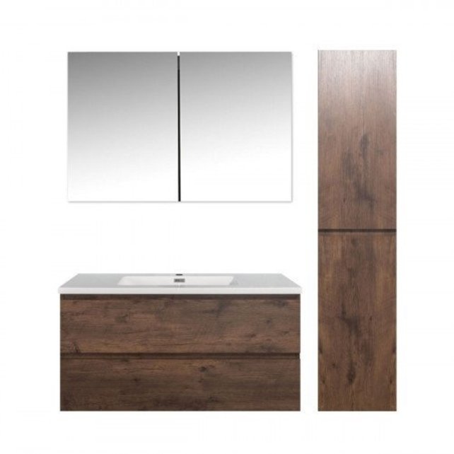 Badkamermeubel Callisto Diamond Walnoot 100x50x48cm Hangend 2 Lades Softclose Greeploos Mineraalmarmer Wastafel 1 Kraangaten Overloop