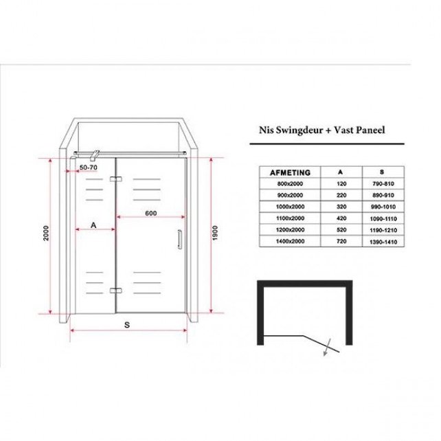Douchedeur Nisdeur Draaideur met Vaste Wand 80(60-20)x200cm Antikalk Helder Glas Chroom Profiel 8mm Veiligheidsglas Easy Clean