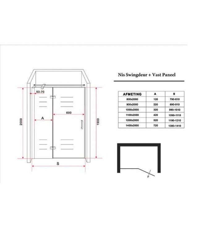 Douchedeur Nisdeur Draaideur met Vaste Wand 90(60-30)x200cm Antikalk Helder Glas Chroom Profiel 8mm Veiligheidsglas Easy Clean