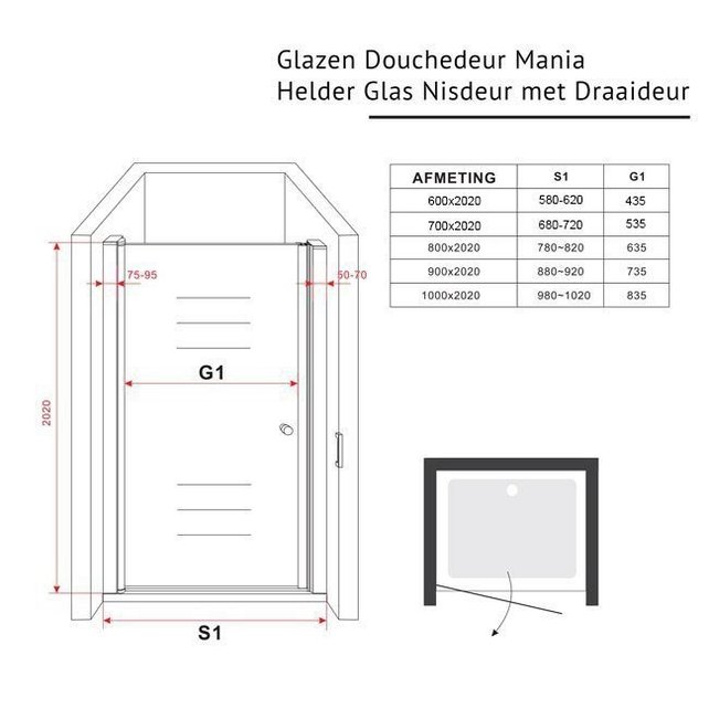 Glazen Douchedeur 80cm - Mania Helder Glas Nisdeur met Draaideur - Verstelbaar Swingdeur met Antikalk