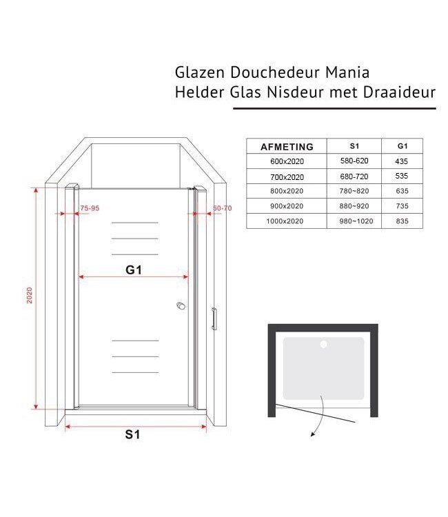 Glazen Douchedeur 100cm - Mania Helder Glas Nisdeur met Draaideur - Verstelbaar Swingdeur met Antikalk