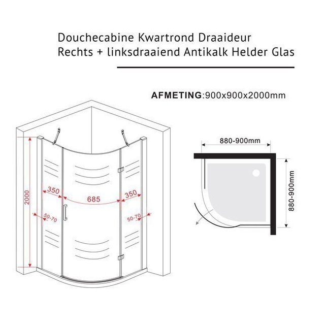 Douchecabine Kwartrond Draaideur Linksdraaiend 90x90x200cm Antikalk Helder Glas Chroom Profiel 8mm Veiligheidsglas Easy Clean