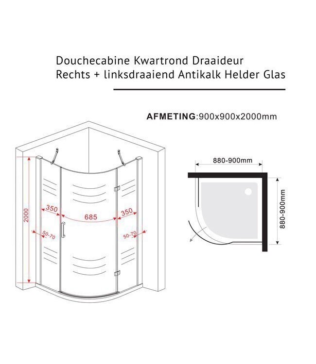 Douchecabine Kwartrond Draaideur Linksdraaiend 90x90x200cm Antikalk Helder Glas Chroom Profiel 8mm Veiligheidsglas Easy Clean